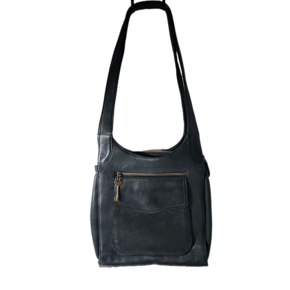 Fossil Leather Tote Bag Black Pebbled Large Purse Top Handle Pockets Y2K #75082